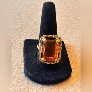 Vintage Sarah Coventry Amber Colored Emerald Cut Glass set in gold tone ring​